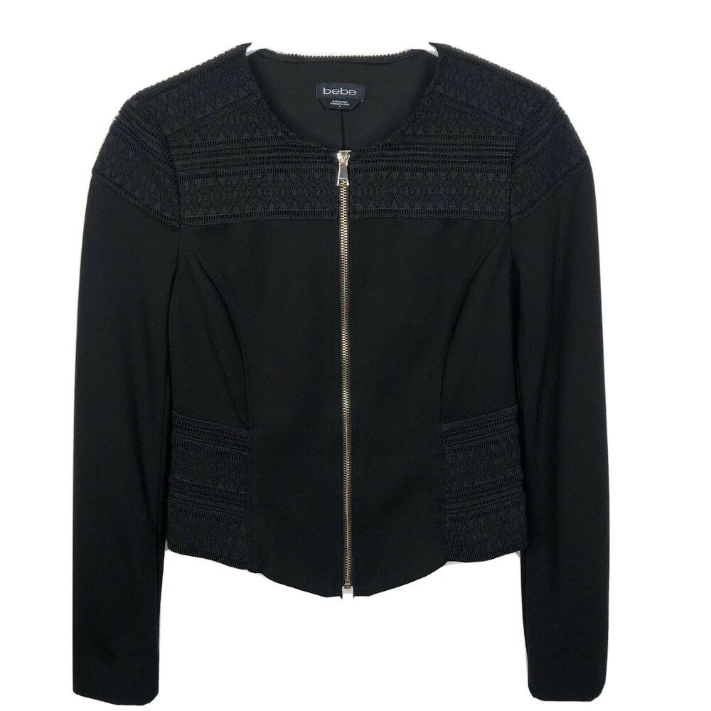 Bebe Black Full Zip Textured Long Sleeve Crop Stretch Jacket Womens Size 4